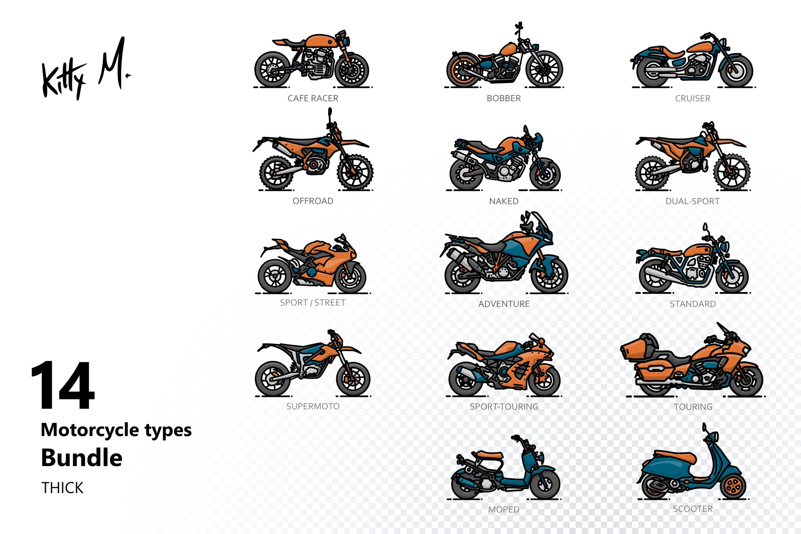 14 Motorcycle types bundle (vectors, thick lines) – kittym.ro